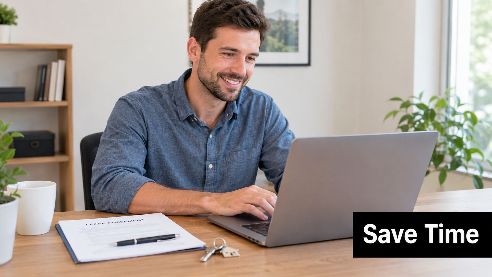 A smiling man sits at a desk using his laptop to review a lease agreement document.