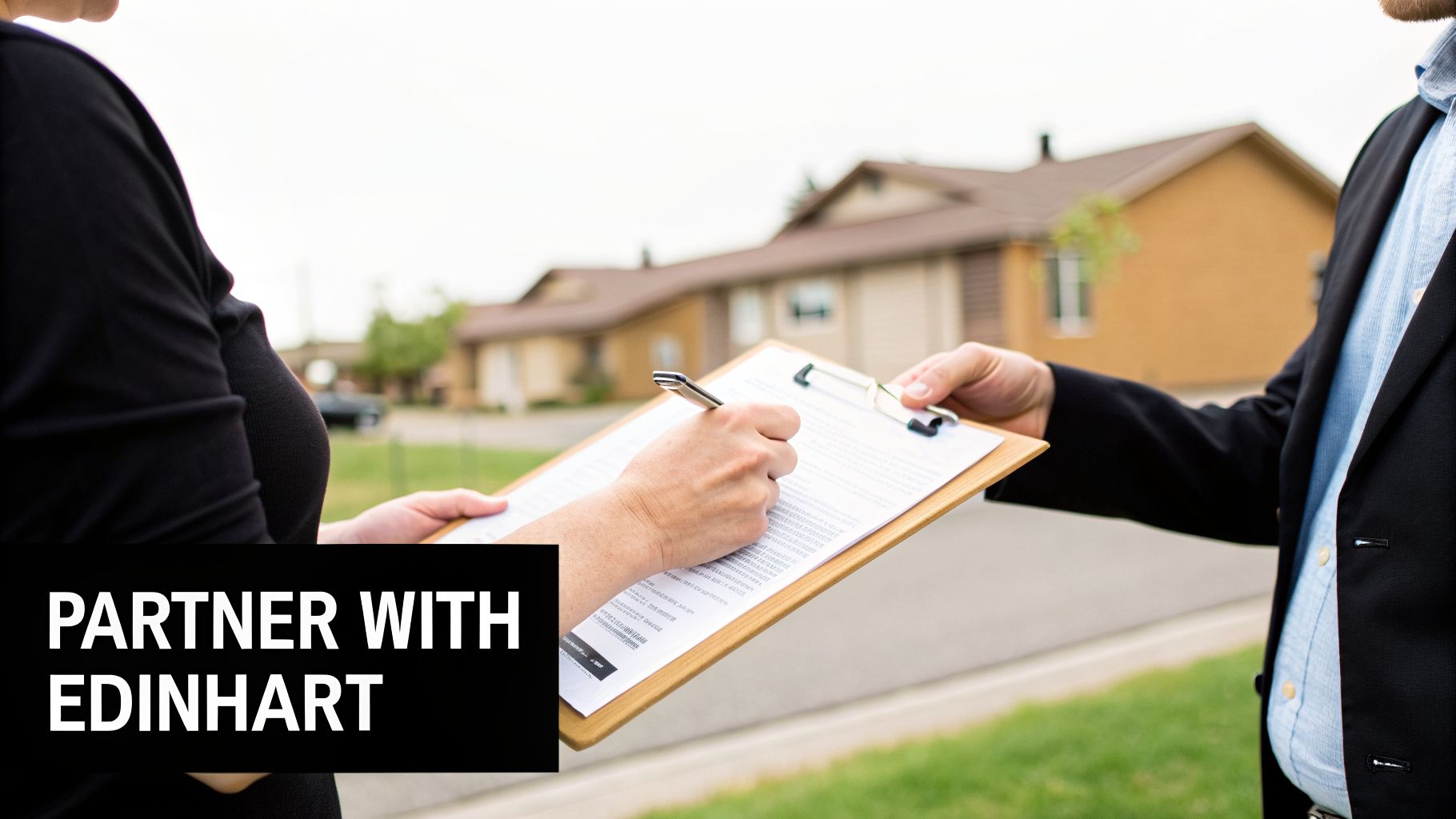 Two people, one signing a document on a clipboard held by another, outside residential homes.