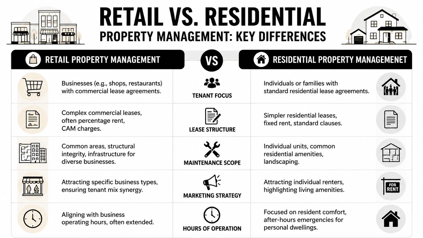 A comparison chart outlining key differences between retail property management and residential property management features.