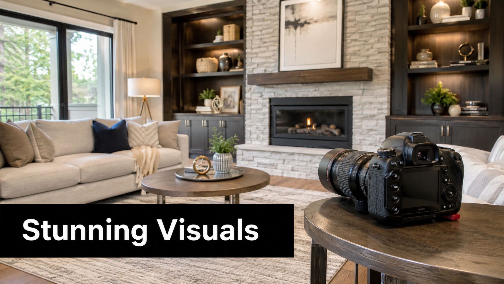 A professional DSLR camera sitting on a round wooden table in a beautifully staged modern living room.