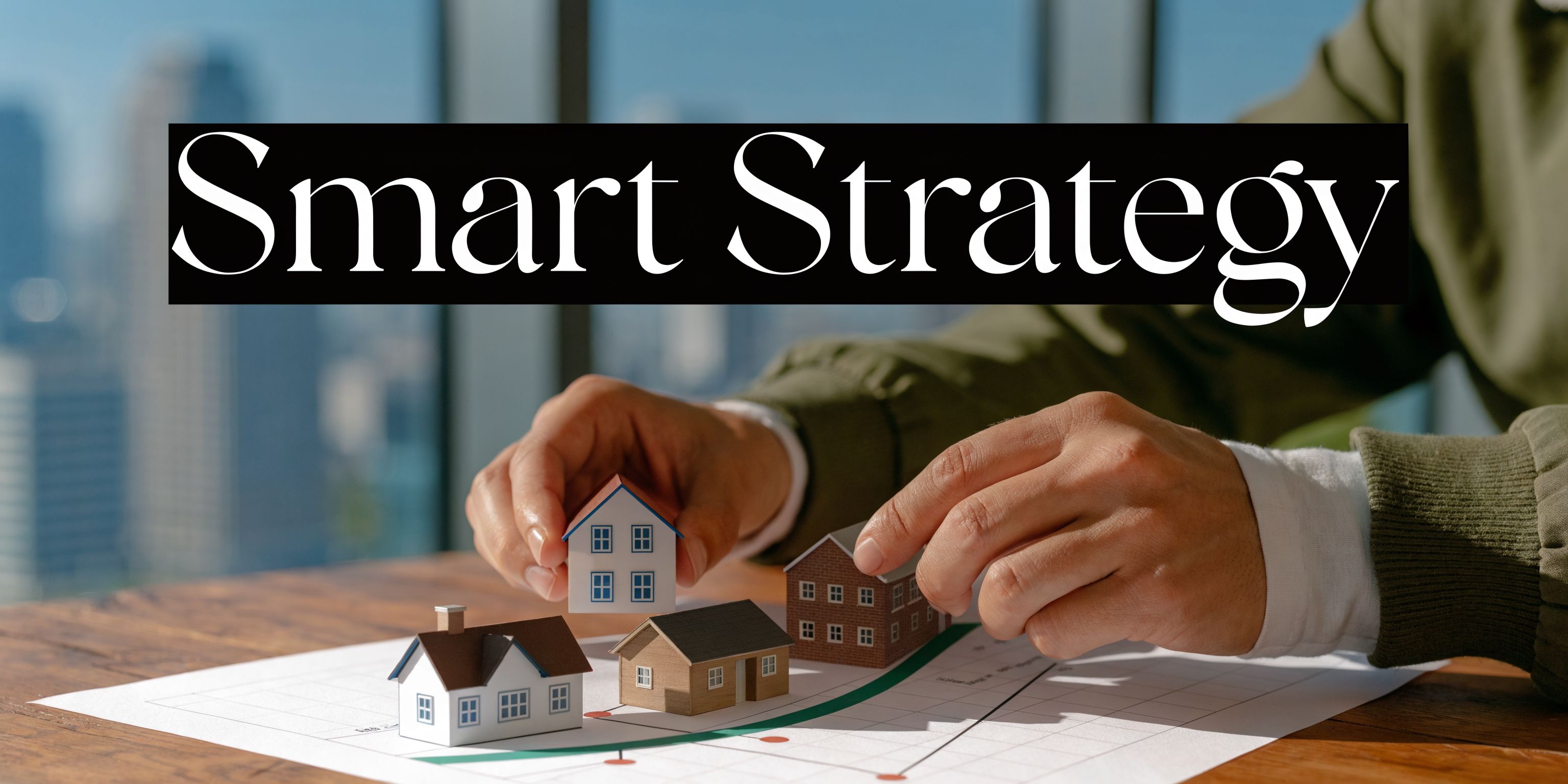 A person placing miniature house models on a financial chart representing a smart real estate investment strategy.