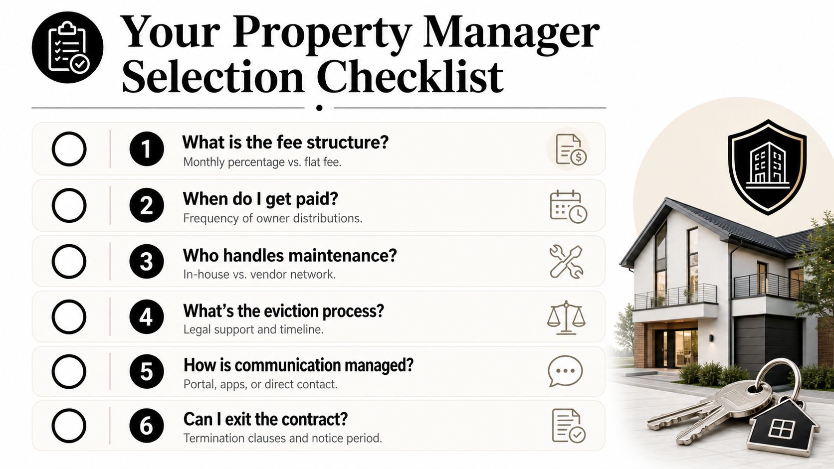 A checklist for selecting a property manager featuring six key questions to ask potential management companies.