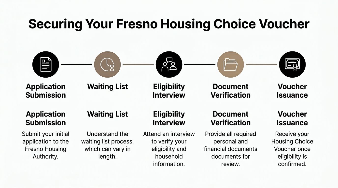 A flow chart illustrating the five steps to secure a Fresno Housing Choice Voucher, starting from application submission.