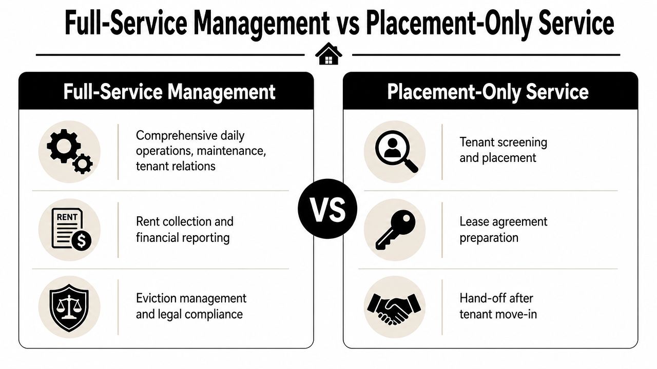 A comparison chart showing the differences between full-service property management and placement-only services for real estate investors.