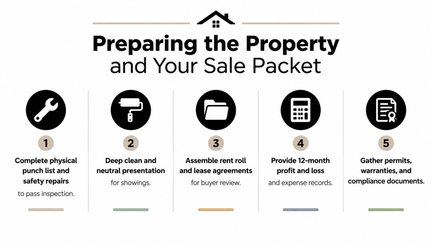 A five-step guide on how to prepare a rental property and sale packet for potential buyers.