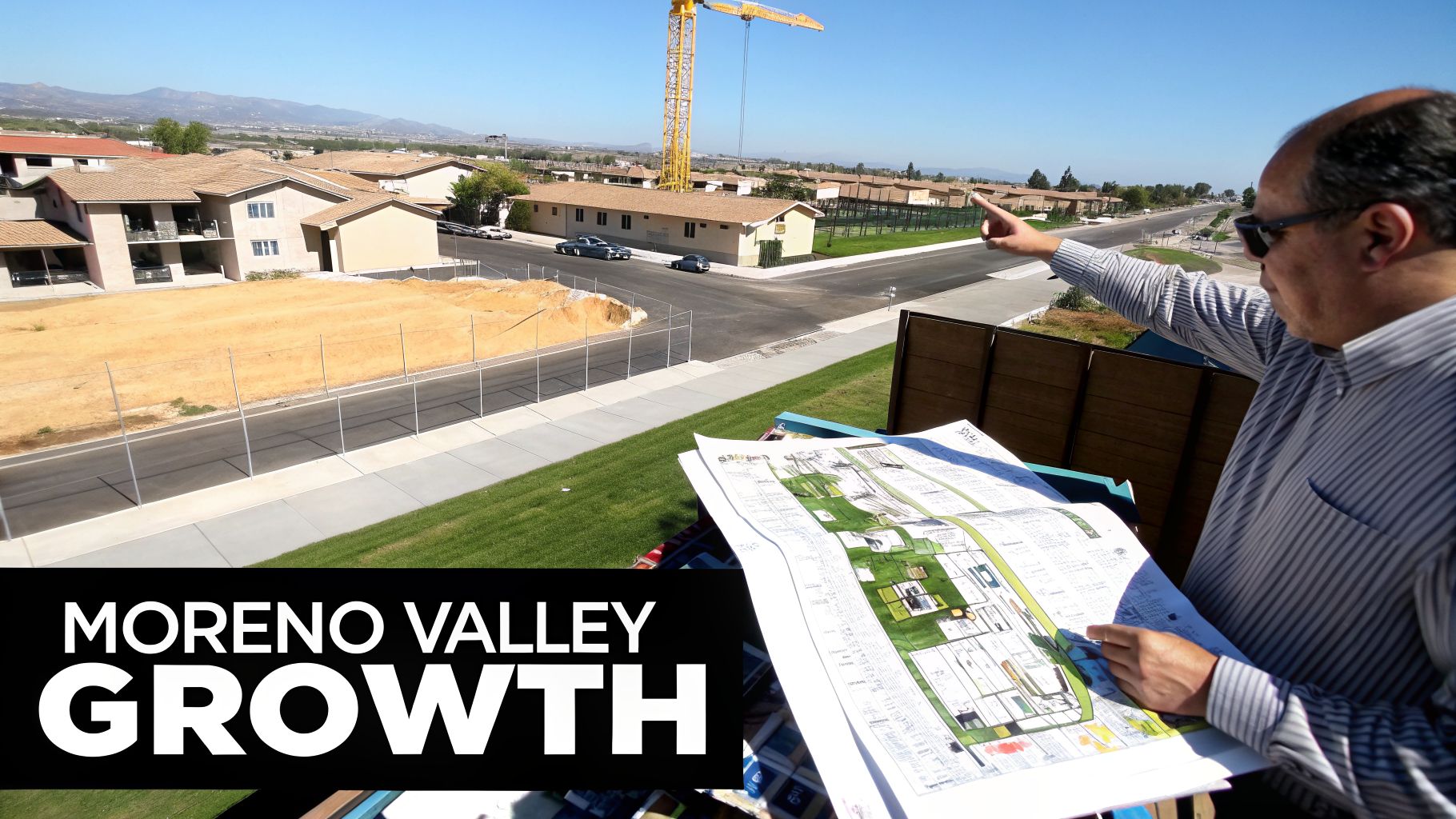 A man points at new property development in Moreno Valley, holding construction plans near houses and a crane.
