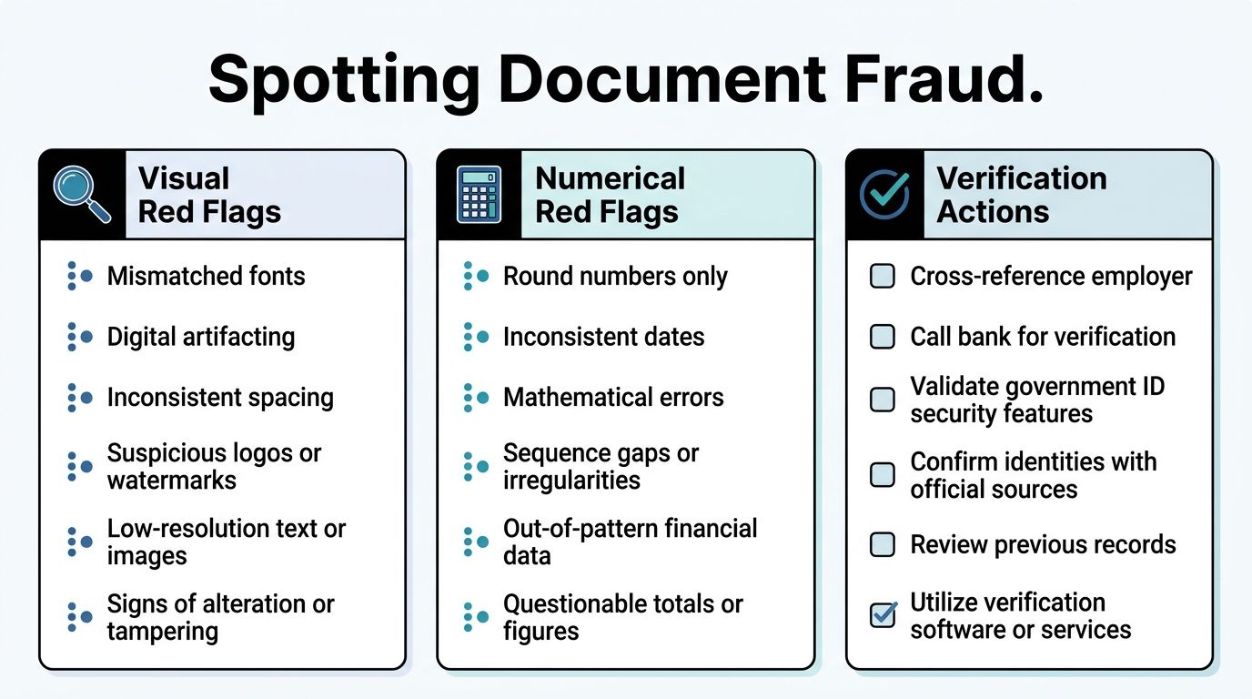 A professional infographic titled Spotting Document Fraud, outlining visual red flags, numerical red flags, and essential verification actions.