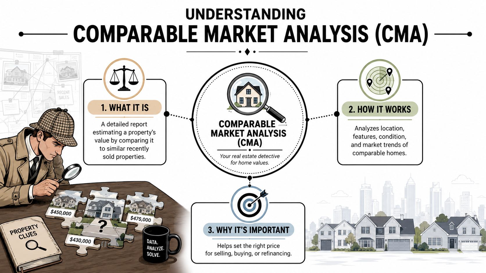 An infographic explaining a Comparable Market Analysis for determining home property values using real estate detective imagery.