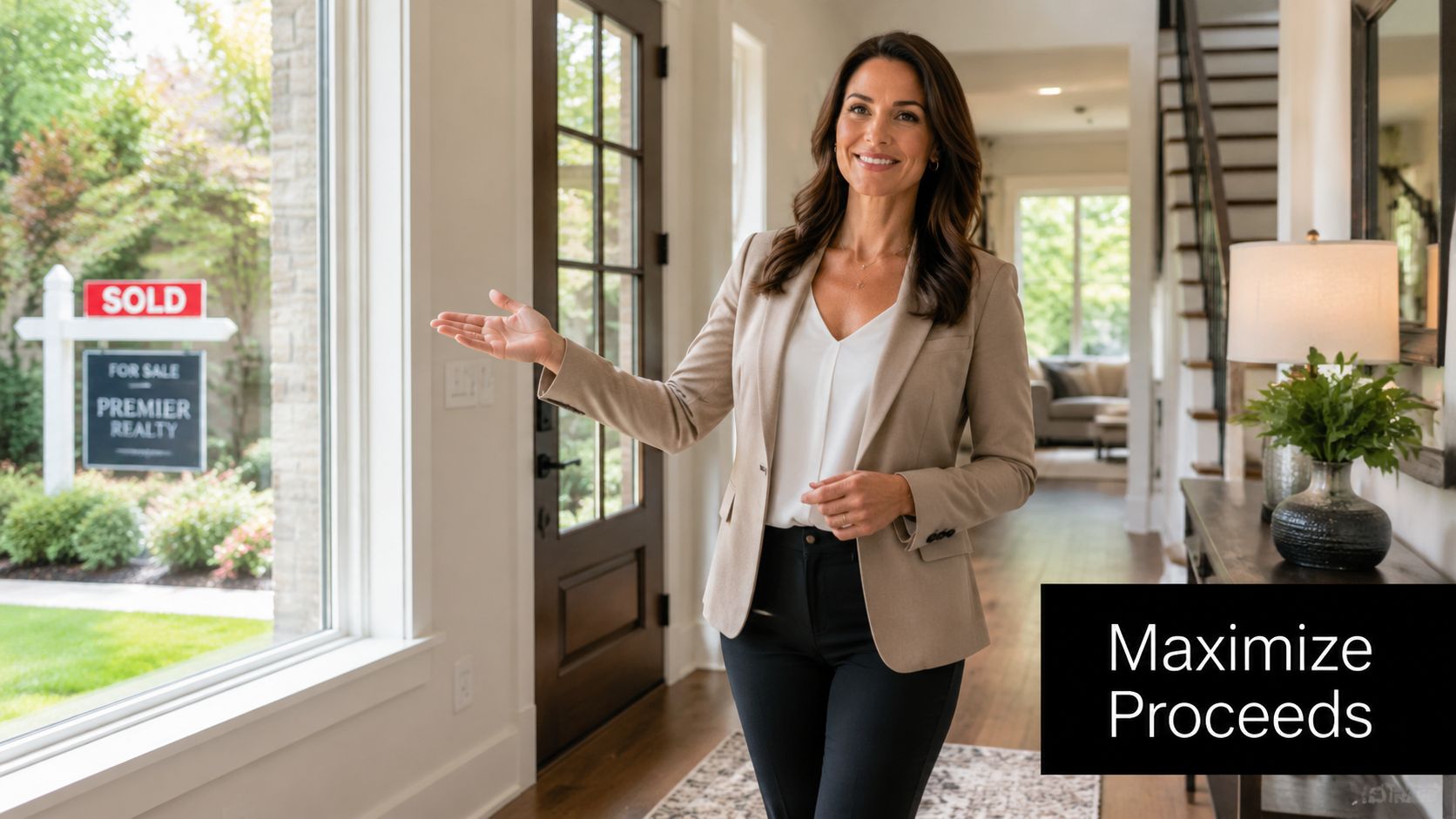 A professional real estate agent gesturing towards a home entryway with a sold sign visible outside.