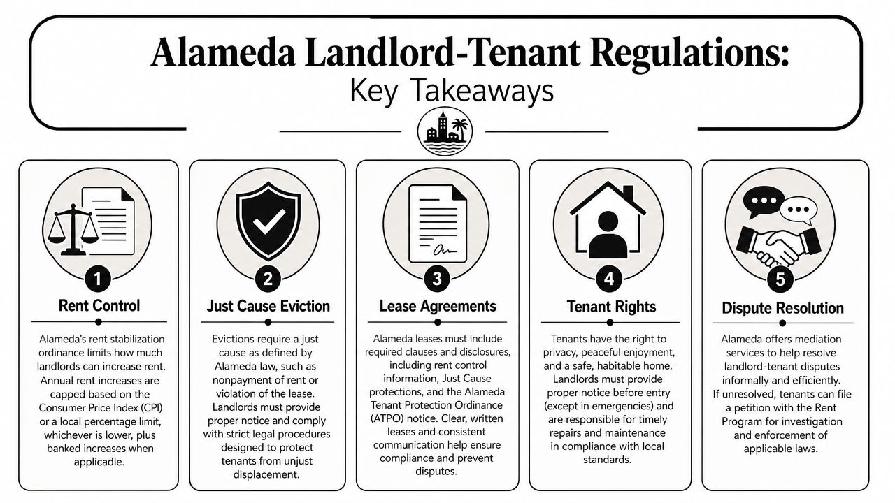 An infographic summarizing key landlord-tenant regulations in Alameda, including rent control, eviction, leases, rights, and dispute resolution.