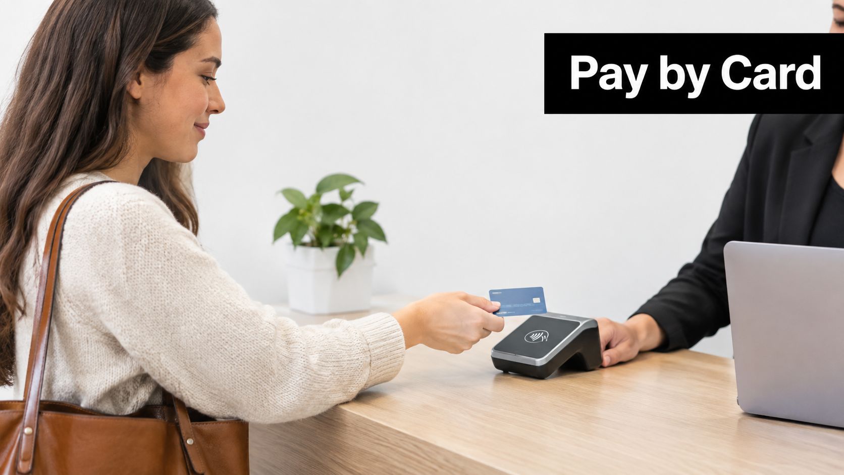 A customer using a contactless credit card to make a payment at a terminal in an office.