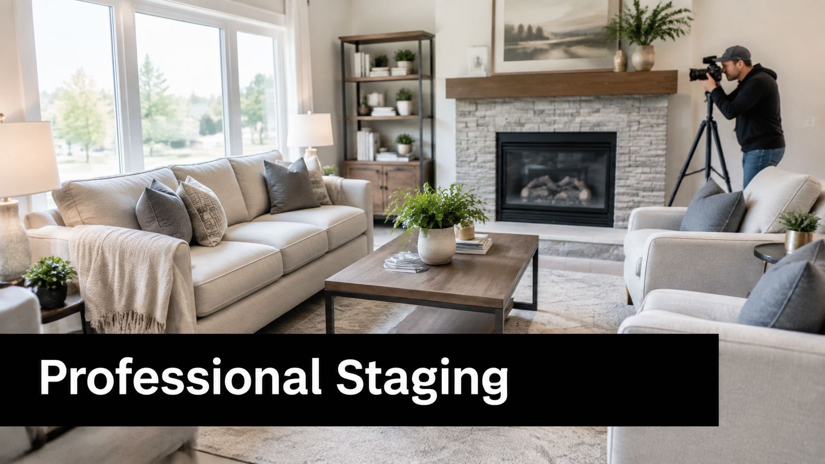 A professional photographer using a tripod to take pictures of a beautifully staged modern living room.