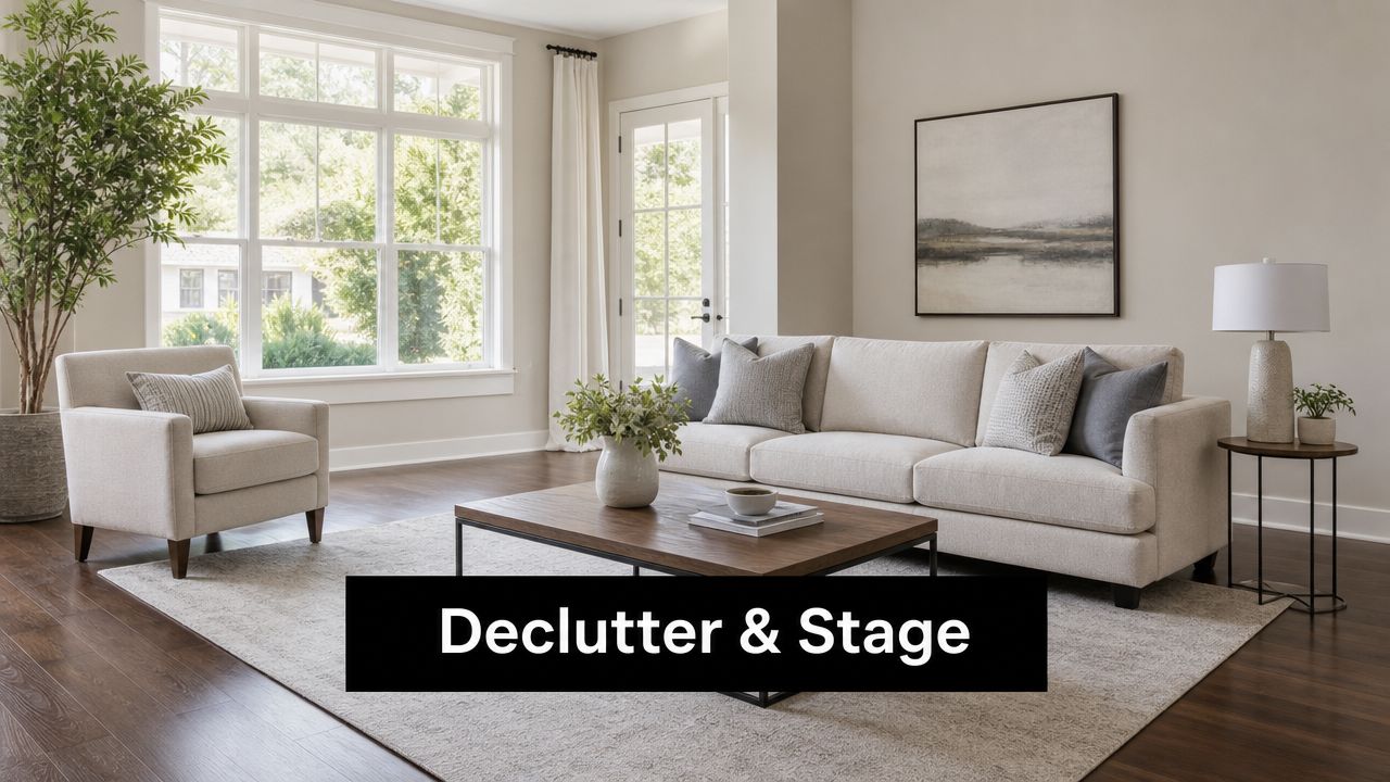A bright, modern living room staged for sale with a neutral sofa, armchair, and wooden coffee table.