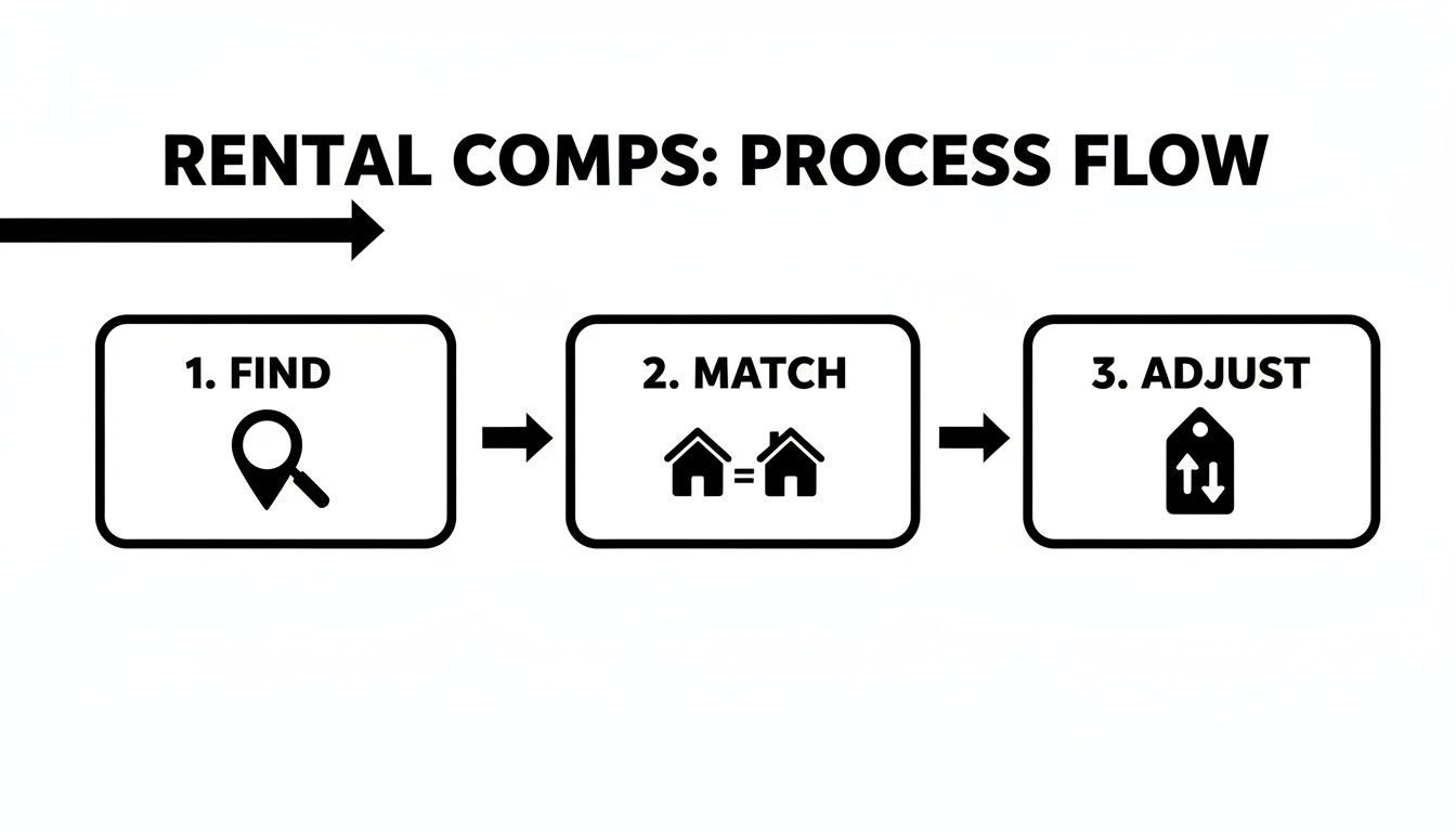 Process flow for rental comps: 1. Find (search icon), 2. Match (two houses), and 3. Adjust (price tag).
