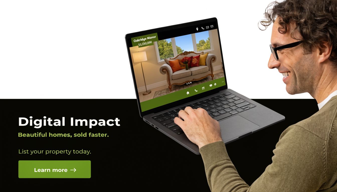 A smiling man using a laptop to view a digital real estate listing for a luxury home.