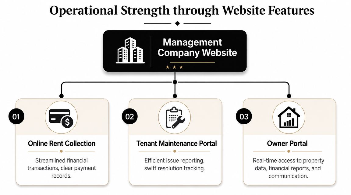 A diagram illustrating the operational benefits of a property management company website through three key features.