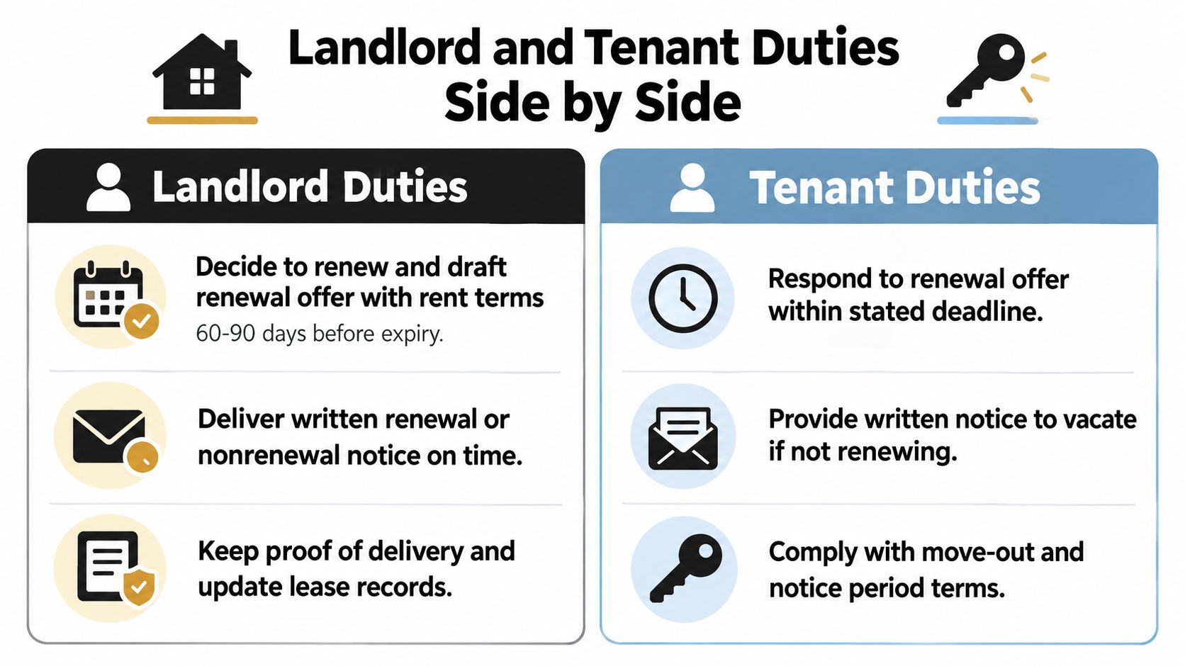 A comparison chart outlining the specific responsibilities of landlords and tenants regarding lease renewal and move-out procedures.