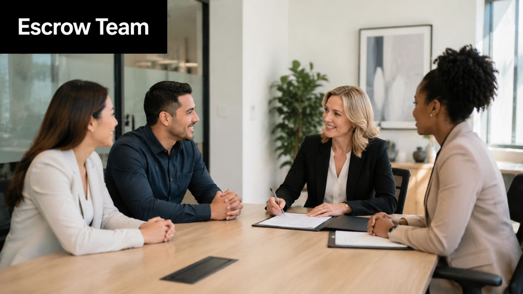 A professional escrow team meeting with clients in a bright office to discuss legal documents.