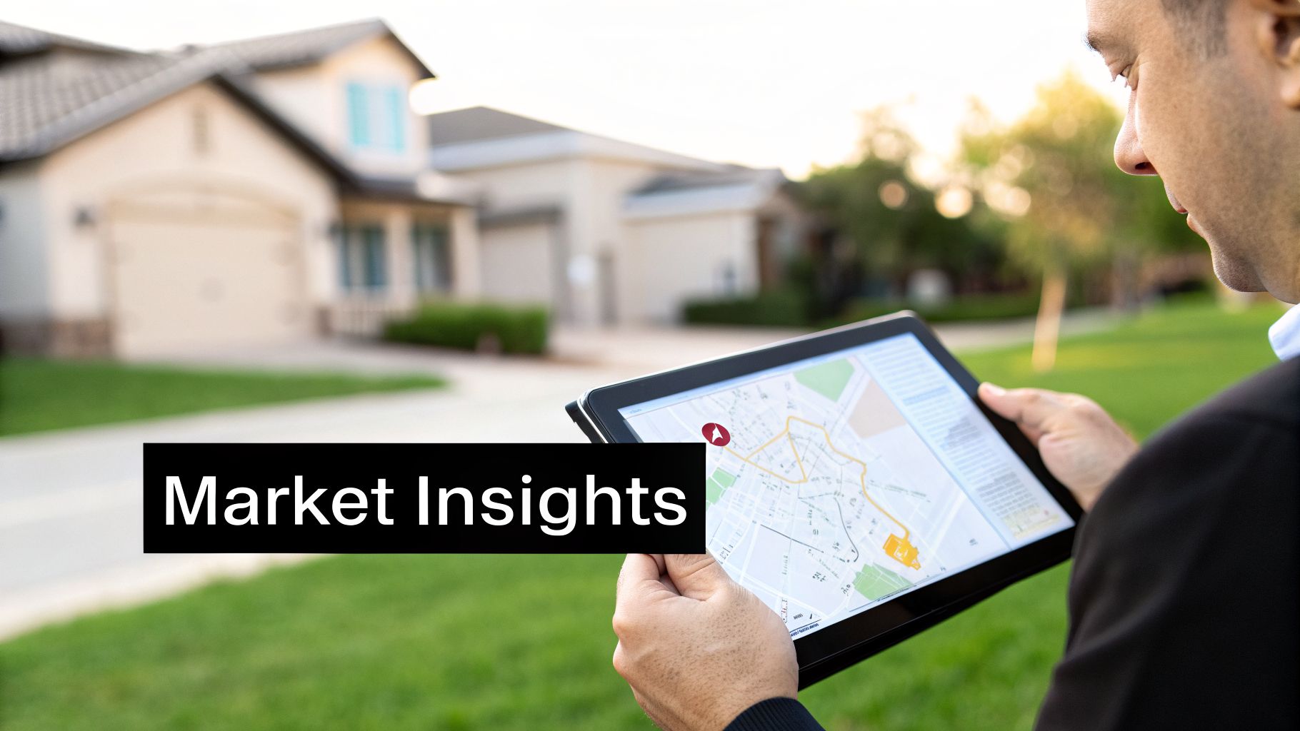 A man holding a tablet displaying a map application, with residential houses and green grass in the background, overlaid with 'Market Insights' text.