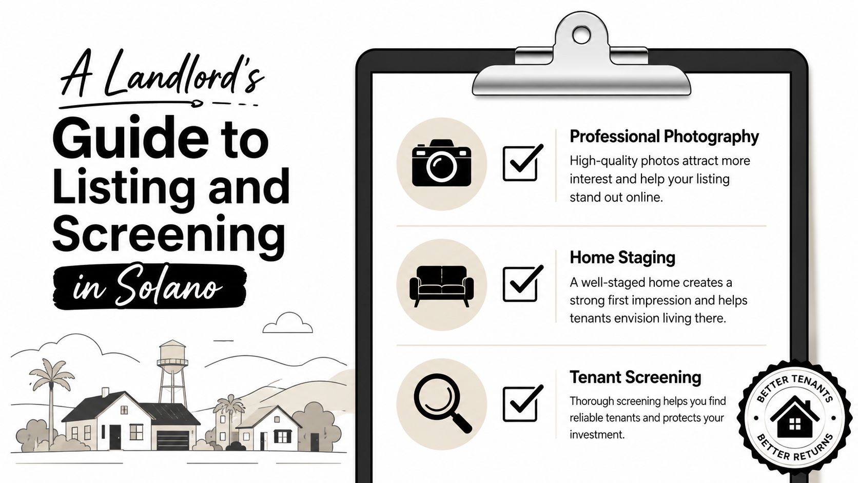 A landlord's guide checklist featuring professional photography, home staging, and tenant screening tips for Solano rentals.