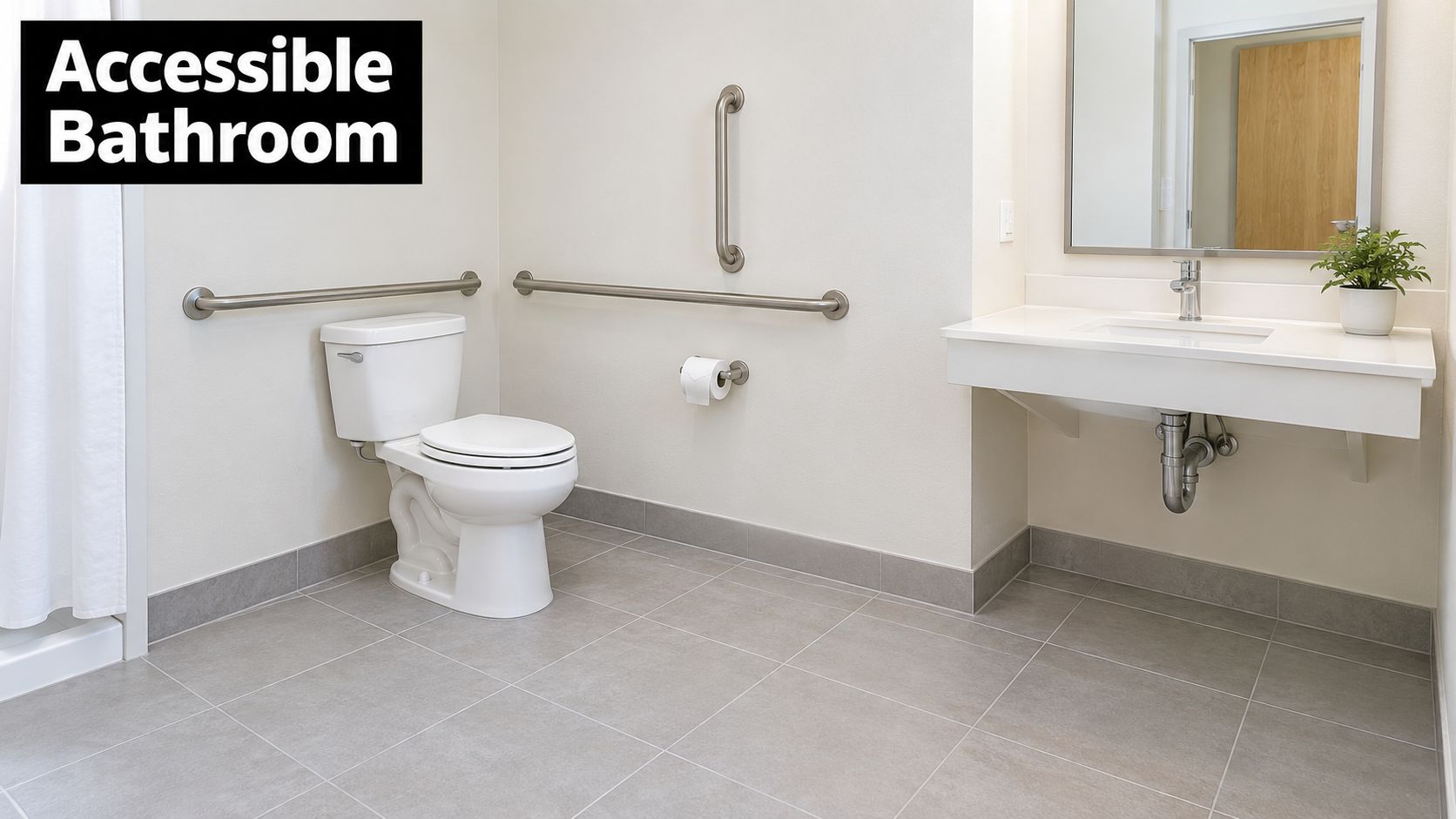 A modern, accessible bathroom designed for wheelchair users with grab bars near the toilet and sink.