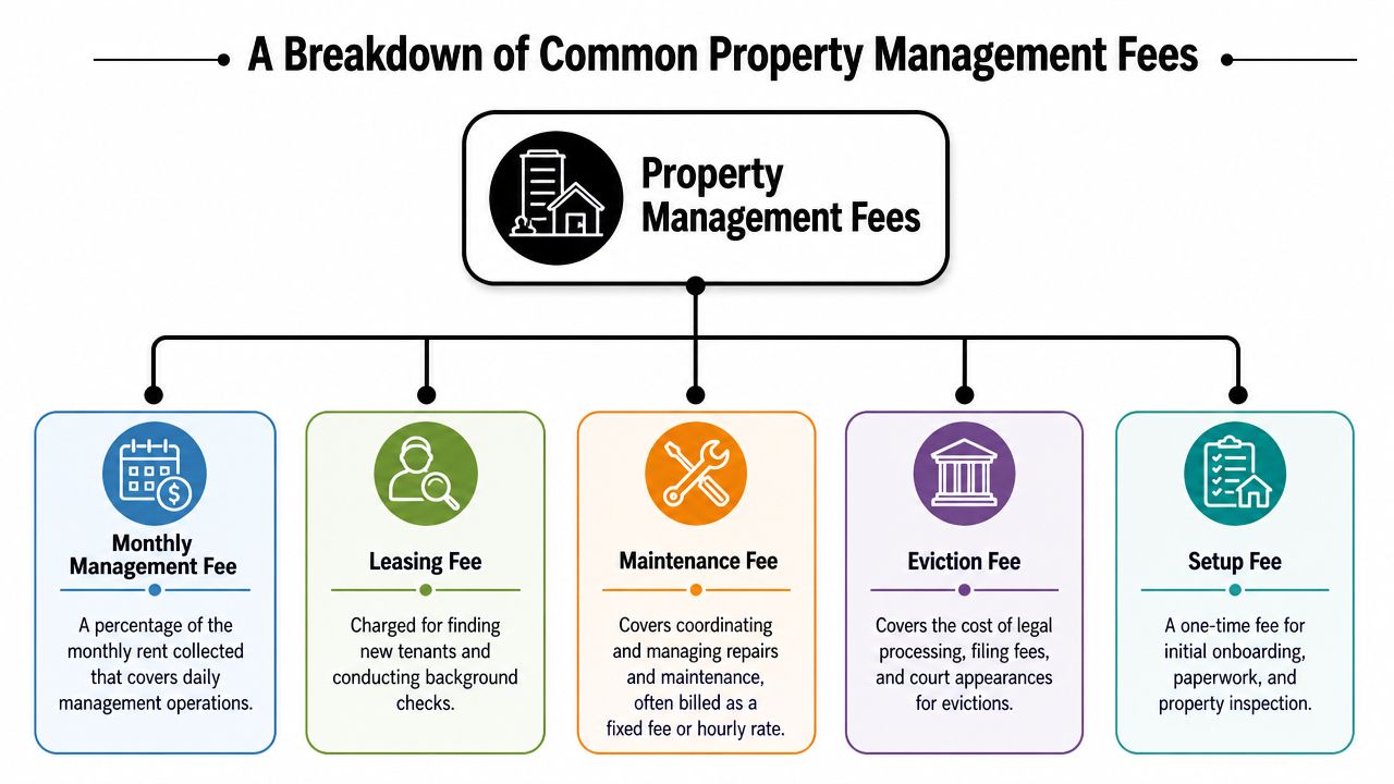 An infographic breakdown of common property management fees including leasing, maintenance, eviction, setup, and monthly management costs.
