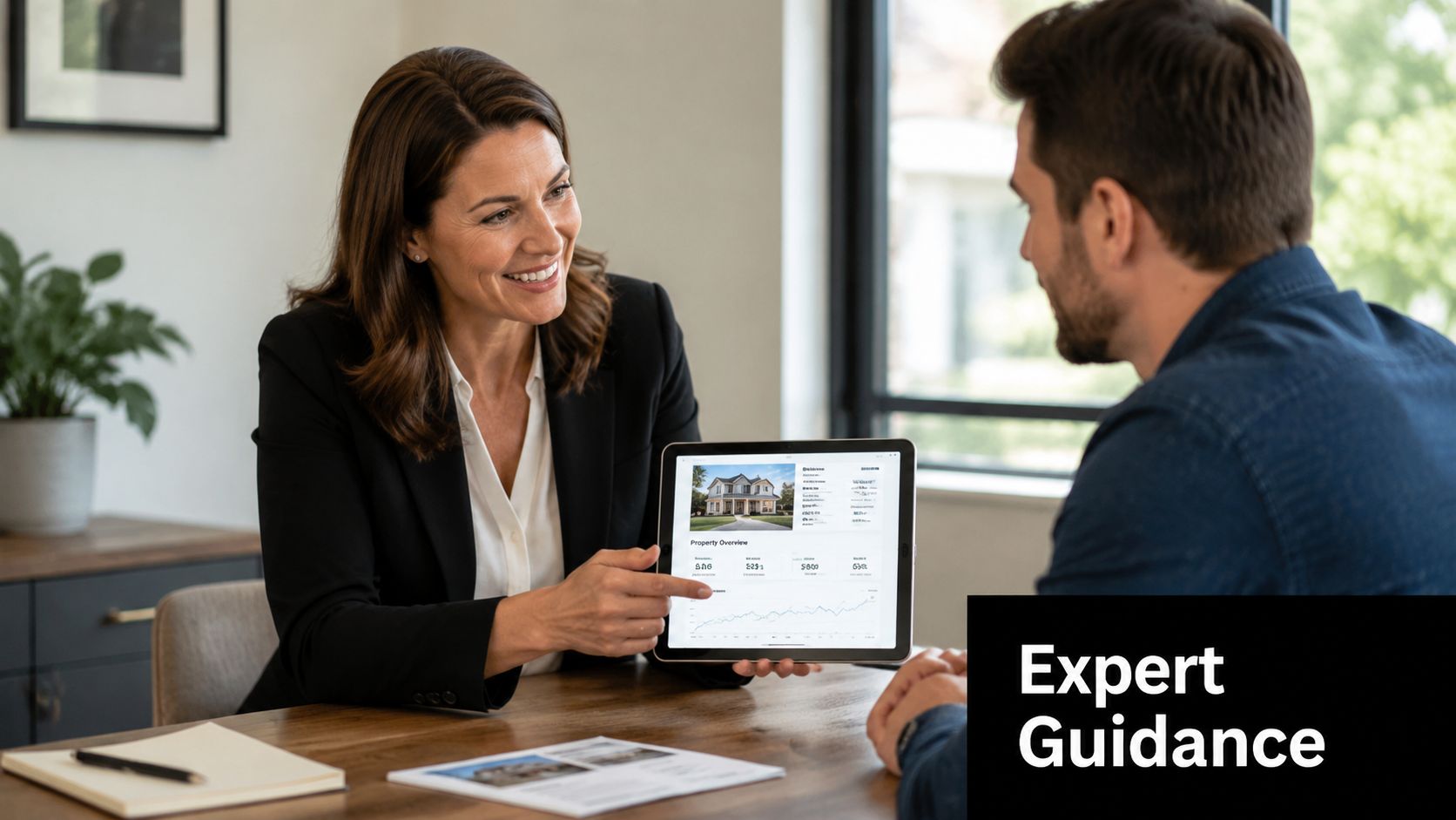 A professional real estate agent showing property data on a tablet screen to a prospective client.