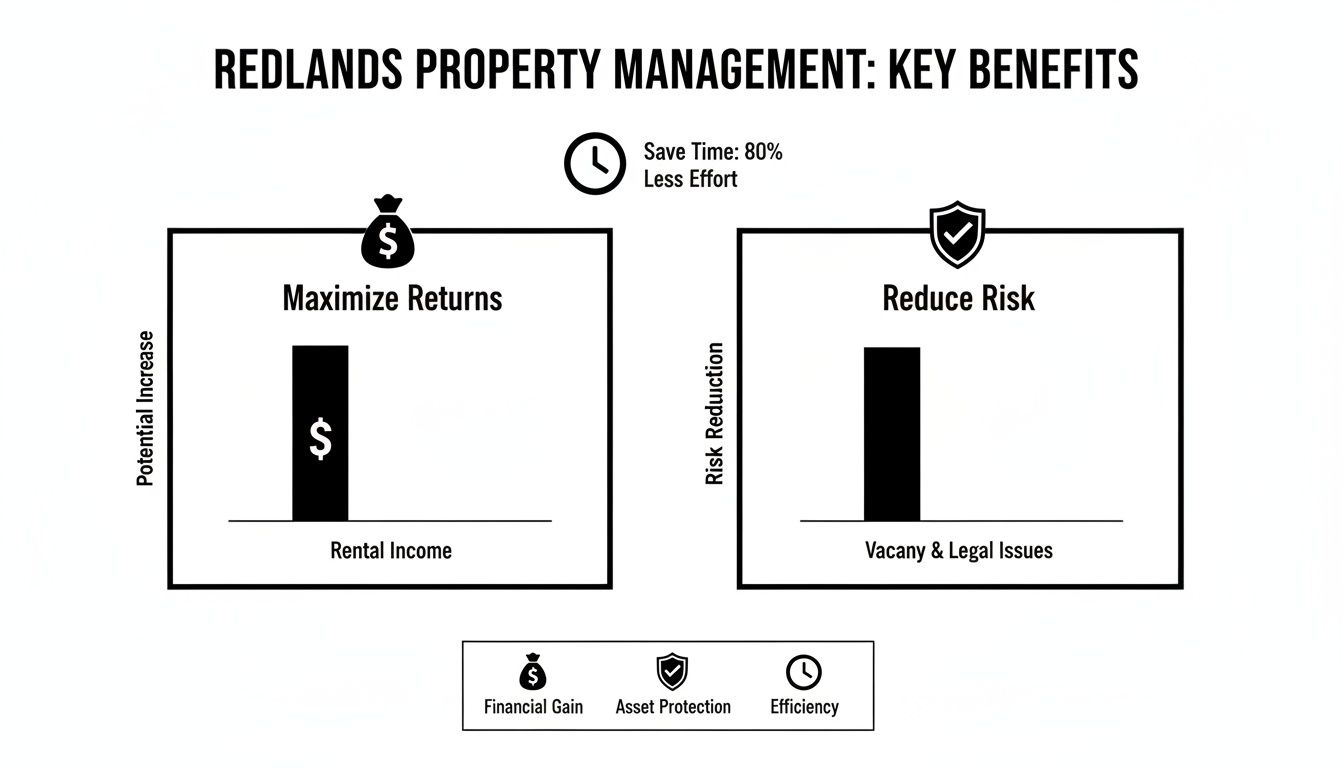 An infographic highlighting Redlands property management key benefits: maximizing returns, reducing risk, and saving time.