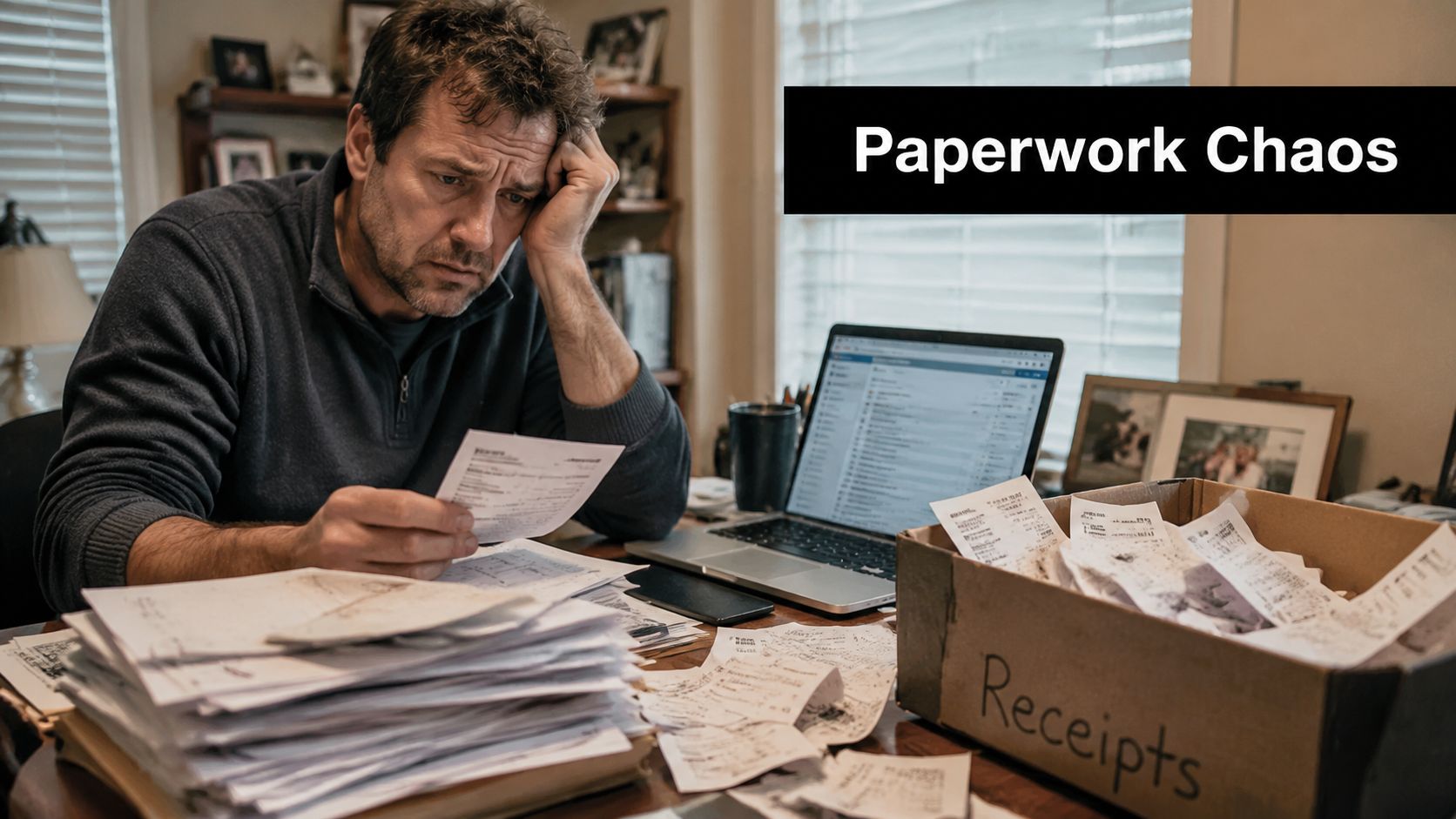 A frustrated man sitting at a desk surrounded by a large pile of documents and receipts.