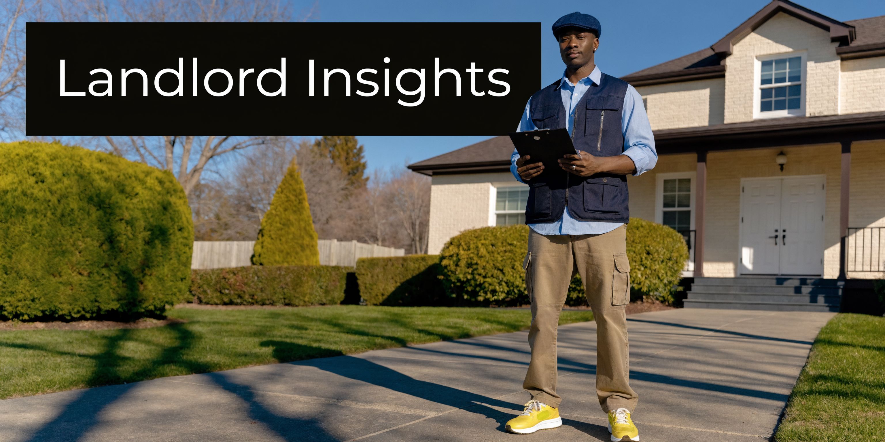 A professional man holding a clipboard standing in front of a suburban house on a sunny day.