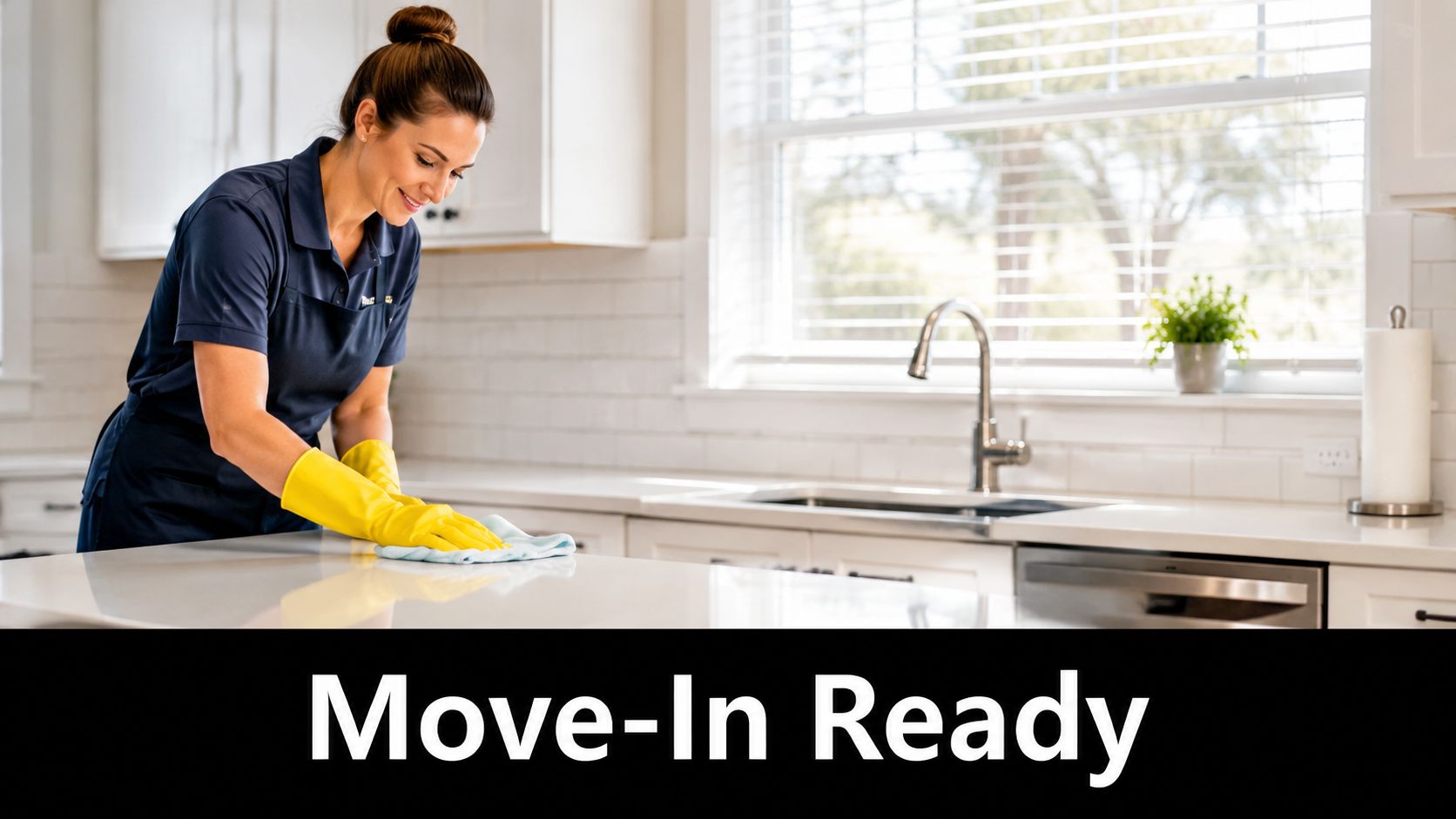 A professional cleaning service worker wearing yellow gloves wipes down a pristine white kitchen countertop.