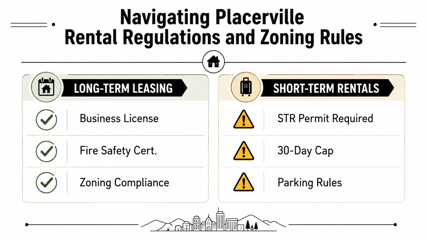A guide illustrating rental regulations and zoning rules for long-term and short-term properties in Placerville.