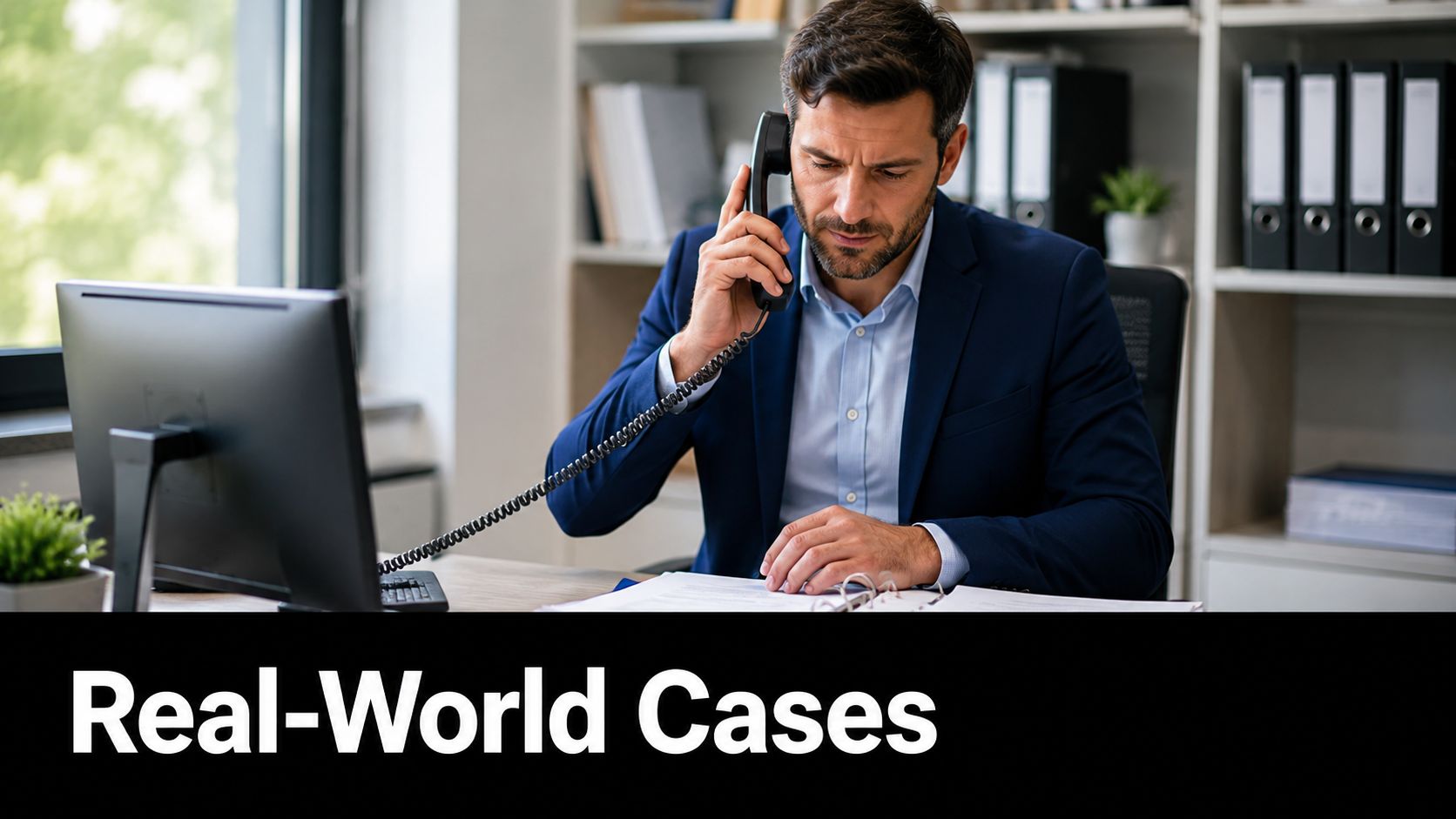 A professional manager in a suit speaking on a landline phone while reviewing documents at his desk.