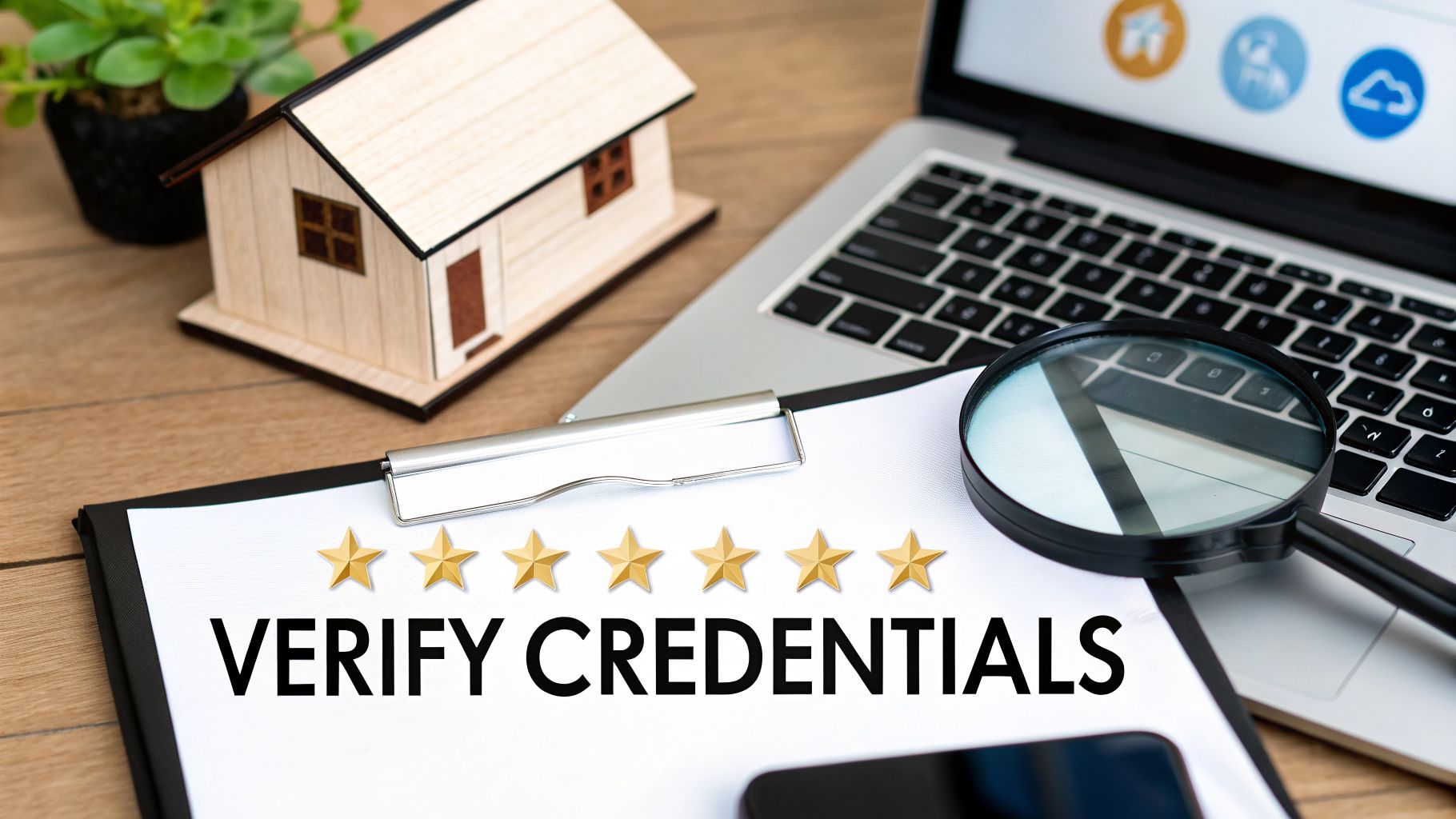 A clipboard displays 'VERIFY CREDENTIALS' text with seven golden stars, next to a miniature house, laptop, and magnifying glass.