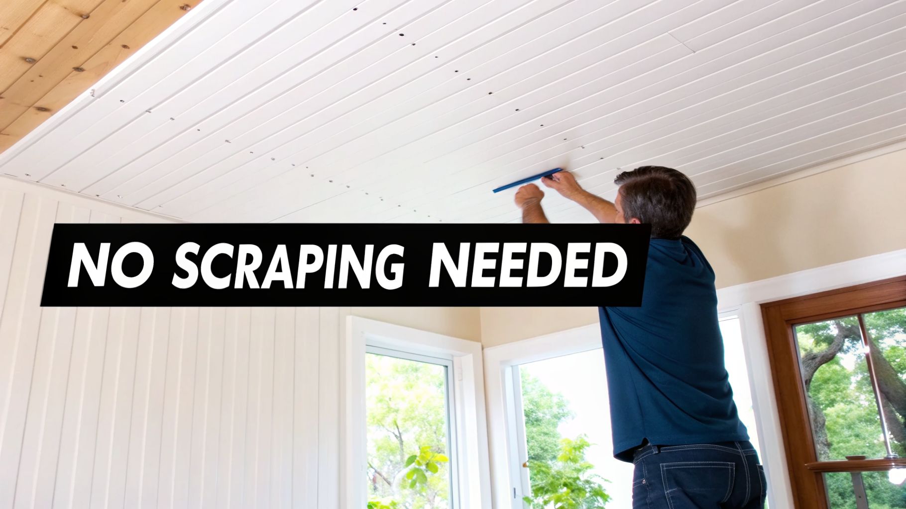 A man installs white beadboard panels on a ceiling, showcasing an easy home renovation technique.