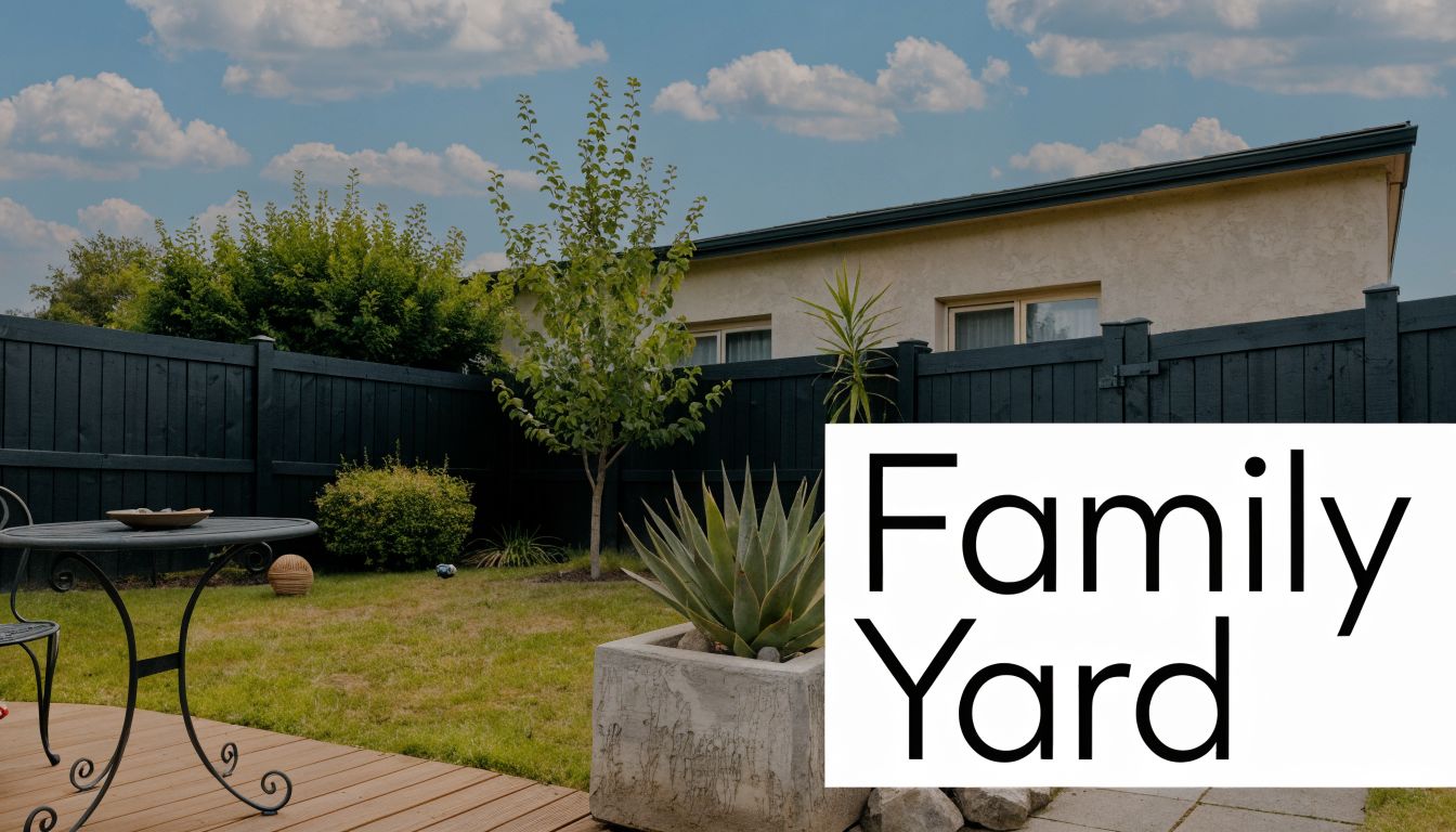 A quiet residential backyard featuring a wooden deck, a bistro table, and a small grassy lawn.