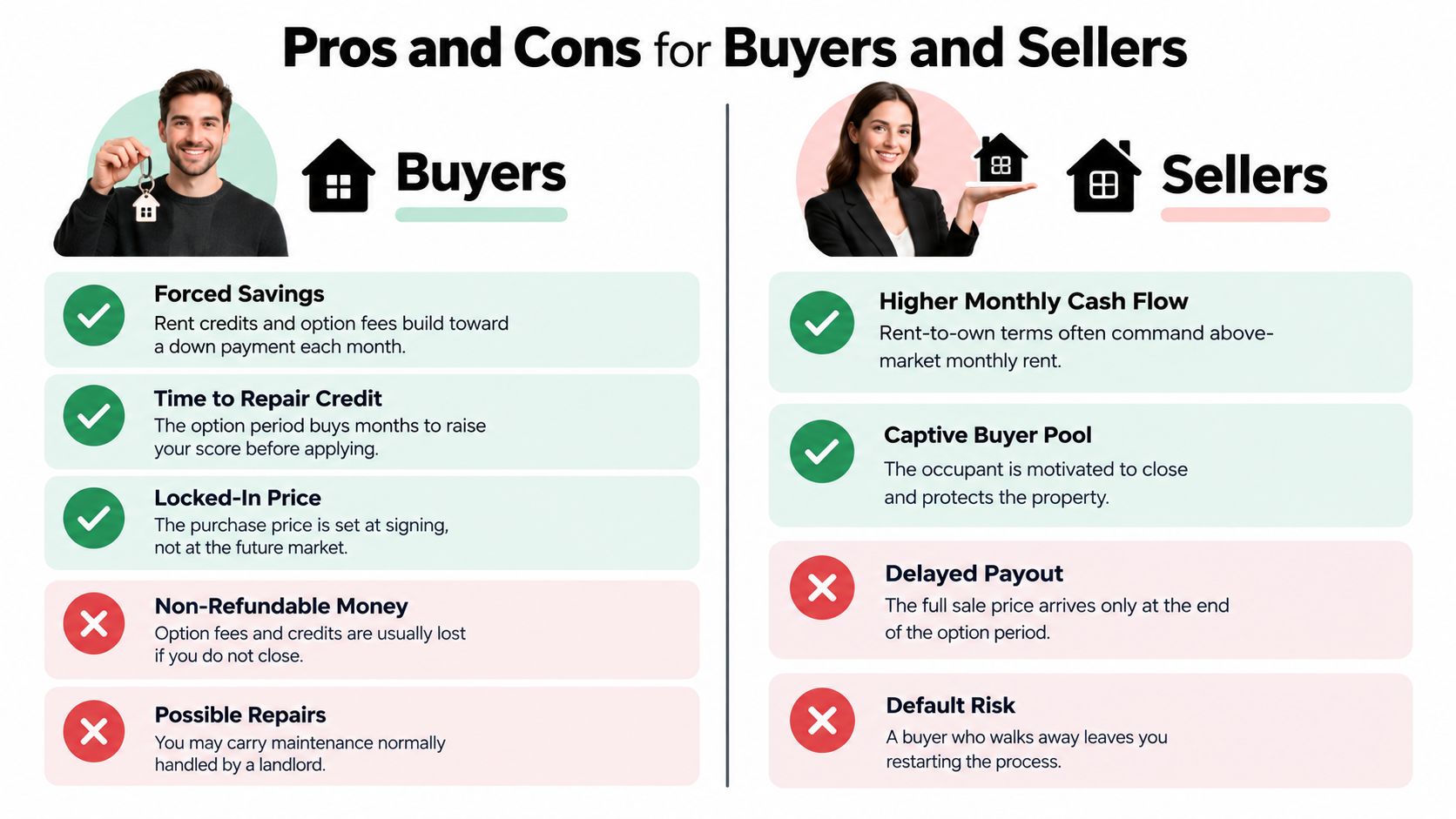 A comparison chart outlining the pros and cons of rent-to-own agreements for both buyers and sellers.