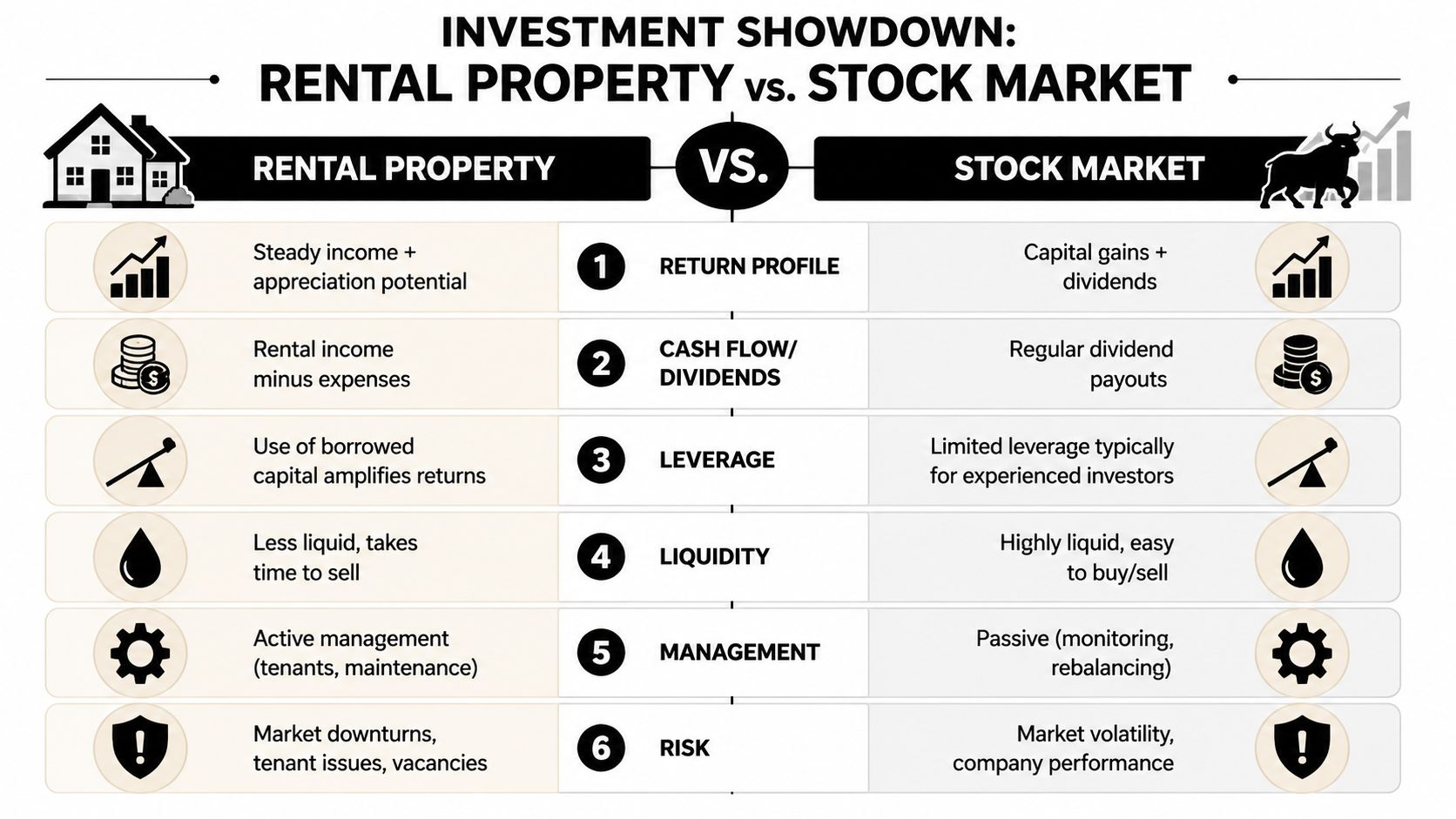 A comparison chart showing key differences between investing in rental property versus the stock market.