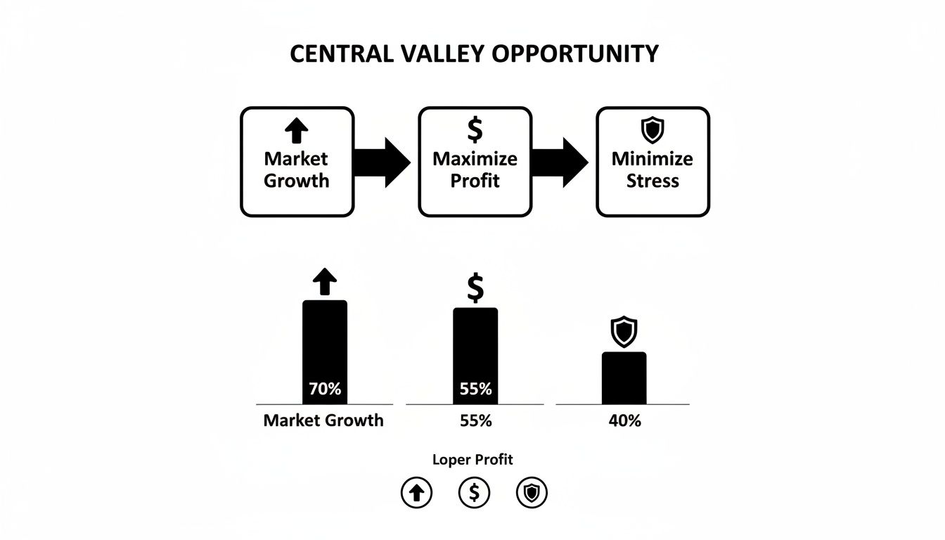 A diagram illustrates Central Valley business opportunity, showing market growth, profit, and stress with performance percentages.