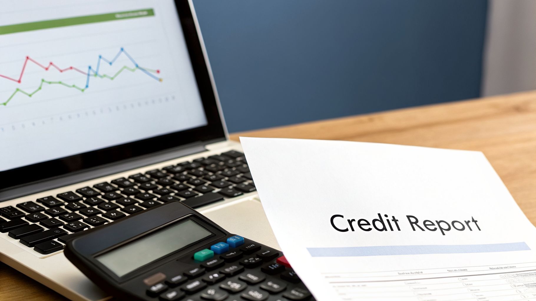 A laptop with a financial graph, a calculator, and a 'Credit Report' document on a desk.