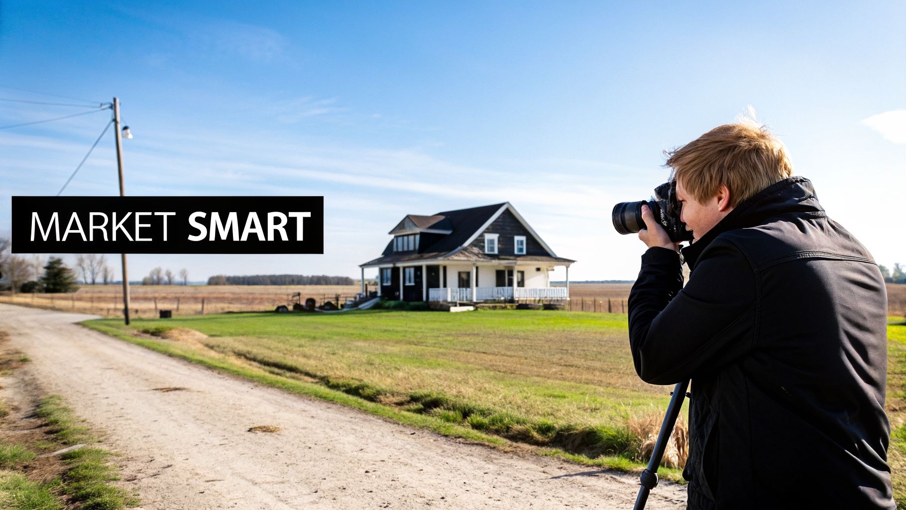 A real estate photographer capturing a charming rural house with a professional camera and tripod.