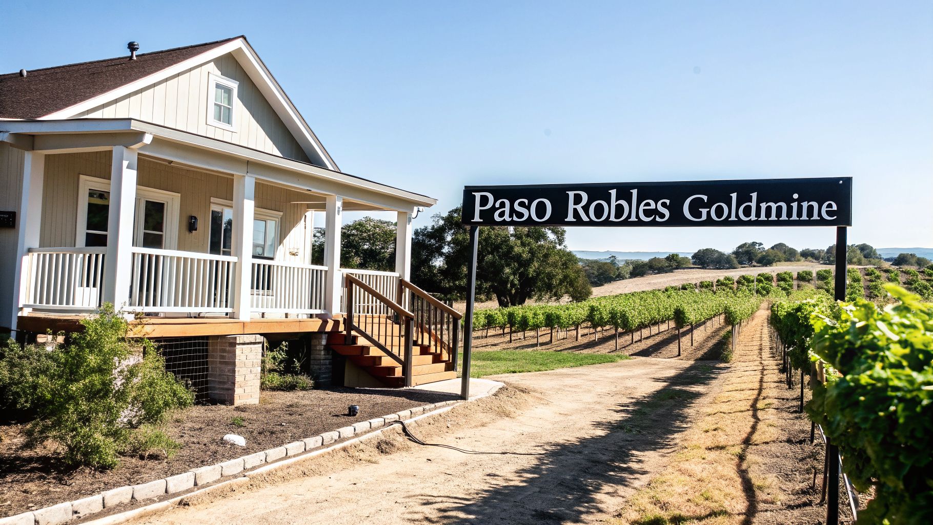 A charming house with a porch stands beside a vineyard and a sign for Paso Robles Goldmine.