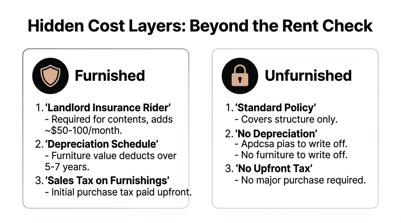 A comparison chart outlining hidden cost layers for furnished versus unfurnished rental properties for landlords.