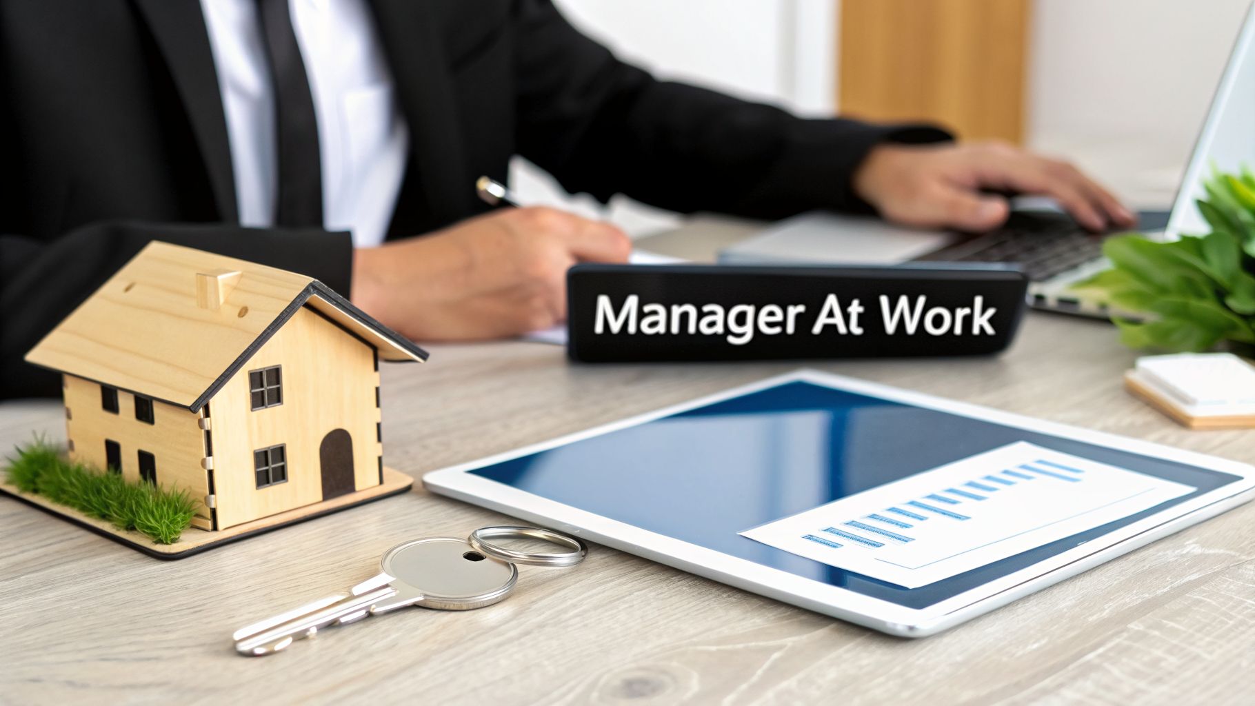 A manager works at a desk with a model house, keys, and a tablet displaying graphs.