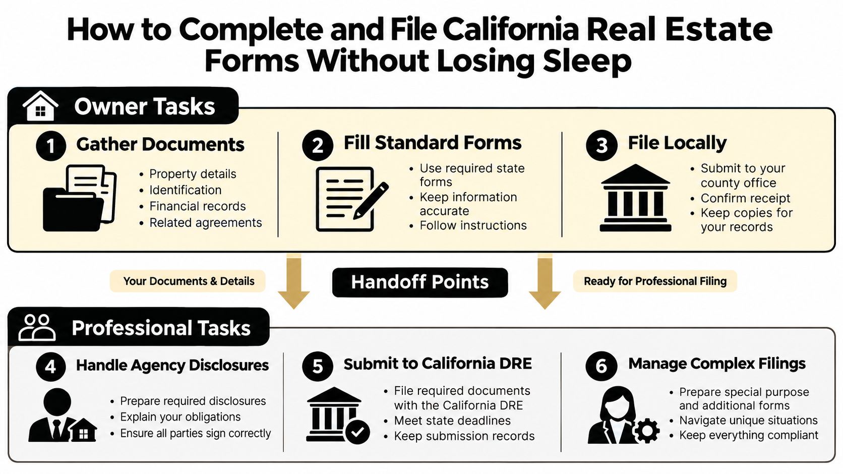 An infographic showing the step-by-step process for completing and filing California real estate documents and forms.