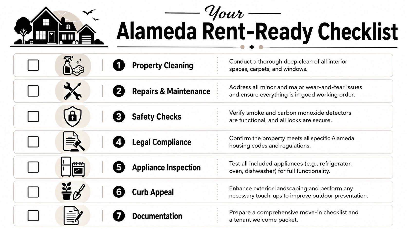 A checklist infographic titled Your Alameda Rent-Ready Checklist for property managers preparing a home for new tenants.