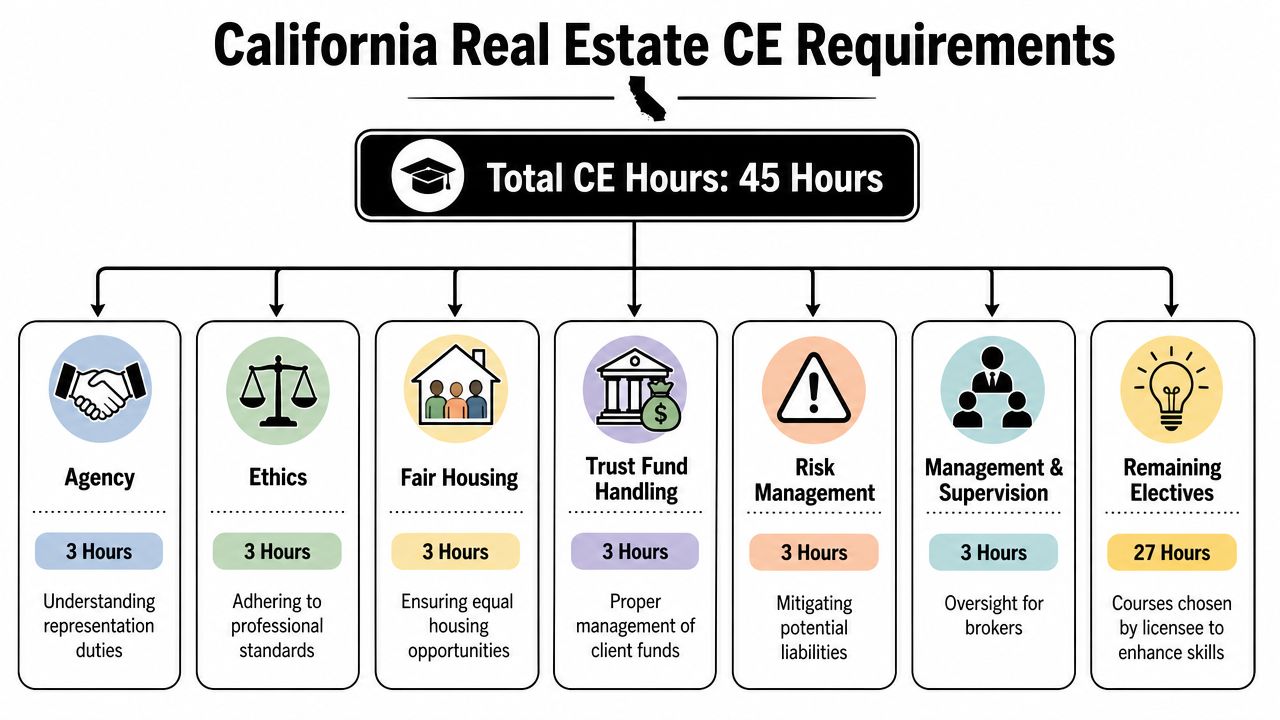 A flowchart detailing the 45-hour California real estate continuing education requirements including mandatory courses and electives.