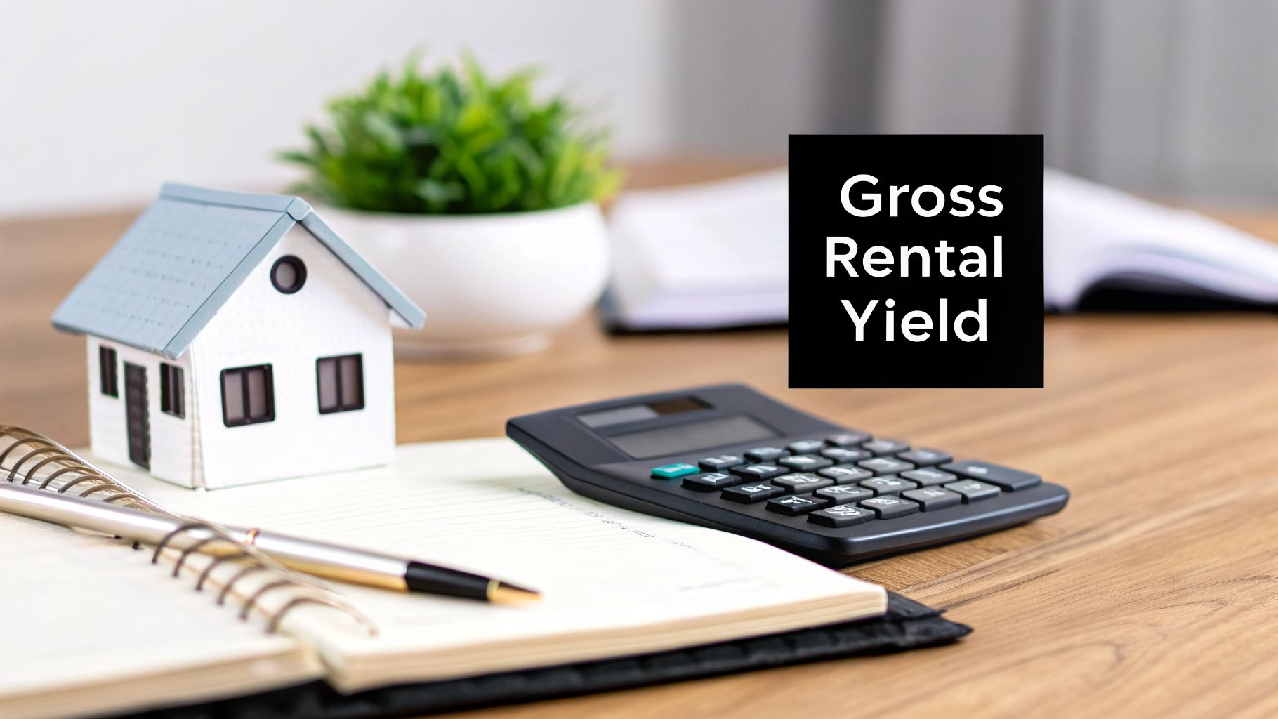 A miniature house, calculator, pen, and notebook on a wooden desk, illustrating gross rental yield calculation.