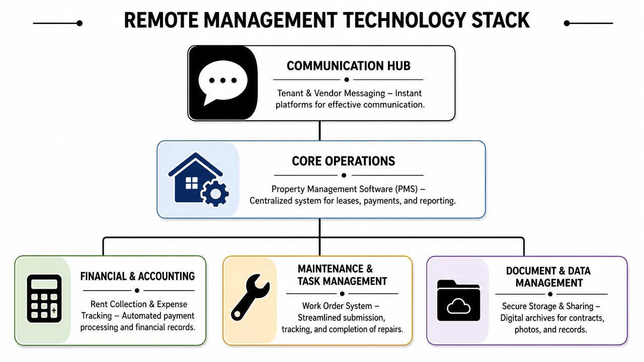 A diagram illustrating the remote property management technology stack, showcasing communication, operations, accounting, maintenance, and data management systems.