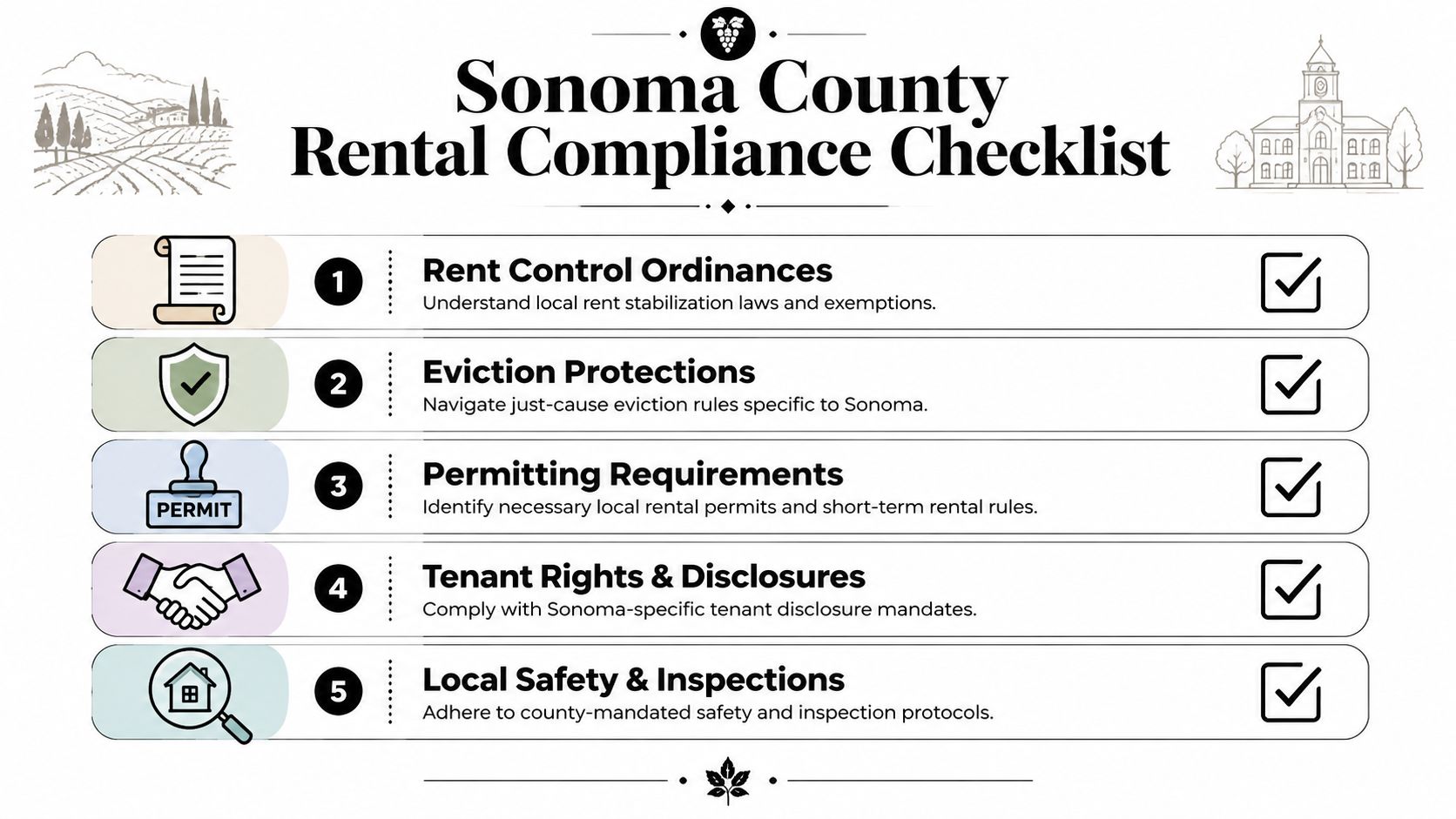 A checklist infographic titled Sonoma County Rental Compliance, listing five key regulatory requirements for rental property owners.